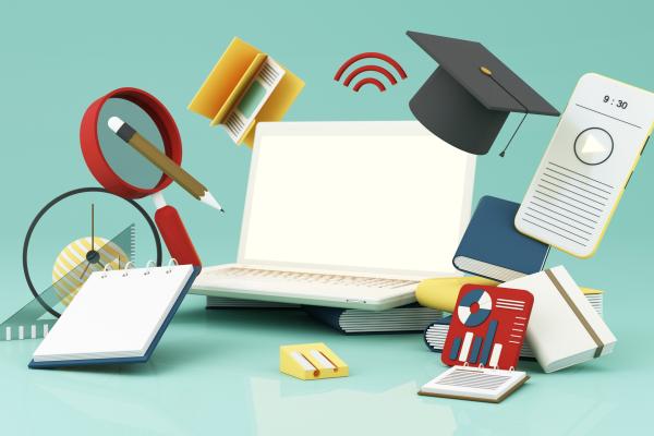 E-learning concept with laptop and wi-fi symbol surrounded by Graduate cap, open books, balloon, Ruler,statistical graph, pencil and magnifying glass on blue and yellow color tone
